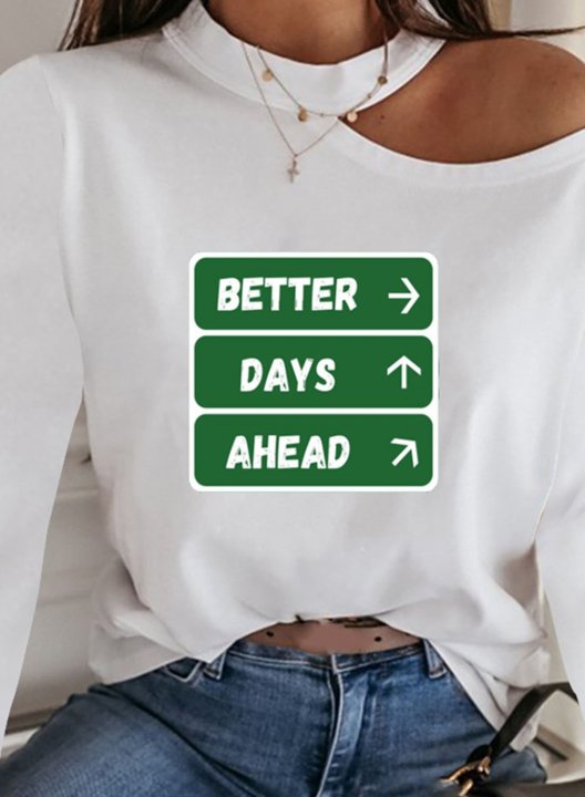 Women's T-shirts Solid Letter Asymmetrical Halter Neck Long Sleeve Casual Daily T-shirts