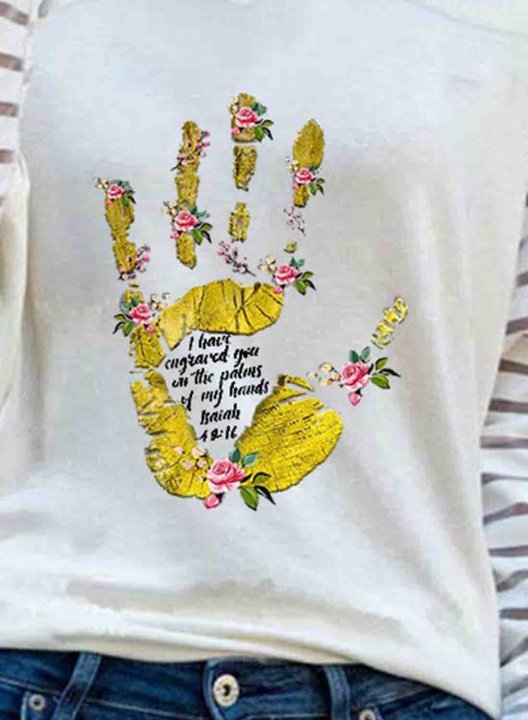 Women's T-shirts Letter Floral Print V Neck Long Sleeve Cold Shoulder Daily T-shirt