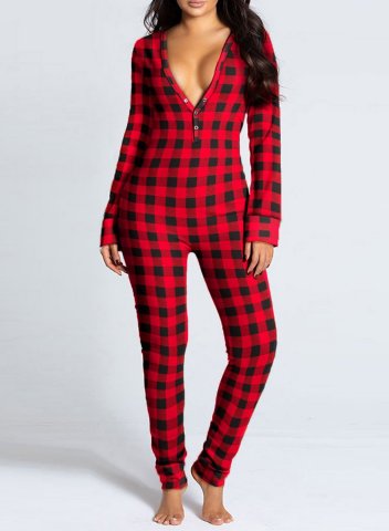 Women's Pajama-Bodysuits Christmas Mama Bear Plaid Print Functional Buttoned Flap Pajama-Bodysuit