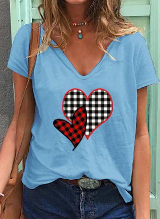 Women's T-shirts Casual Summer Plaid Color Block V Neck Short Sleeve T-shirts