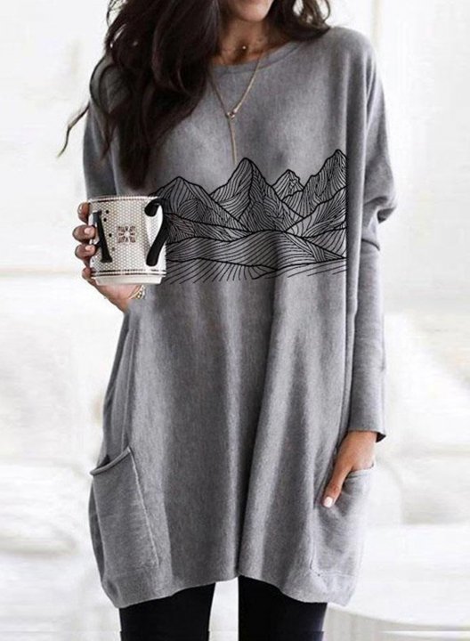 Solid Lips Print Long Sleeve Round Neck Tunic Sweatshirt