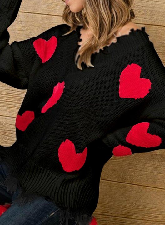 Women's Cute Sweater Heart-shaped Distressed V Neck Sweater