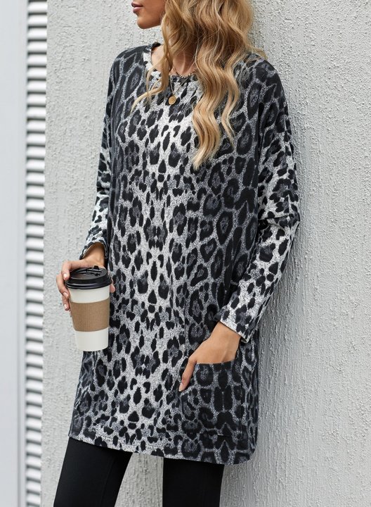 Leopard Round Neck Long Sleeve Tunic Sweatshirt