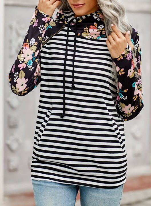 Floral-Print Paneled Striped Pocket Hoodie