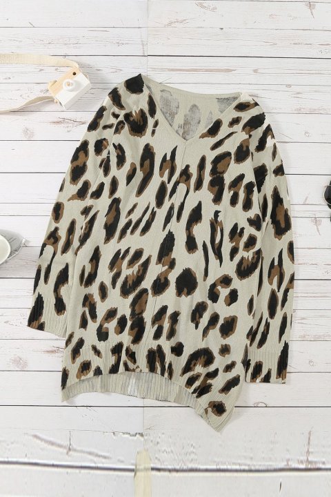 Women's Sweaters V Neck Leopard Knit Tunic Sweaters with Slits