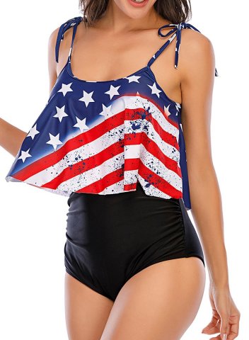 Women's Tankinis American Flag Tie Shoulder Spaghetti Tankinis