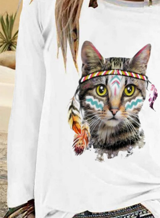 Women's T-Shirt Cat Pattern Long Sleeve Round Neck Daily Casual Tops