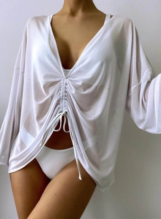 Women's Cover-ups Solid V Neck Long Sleeve Open Front Drawstring Vacation Beach Cover-ups