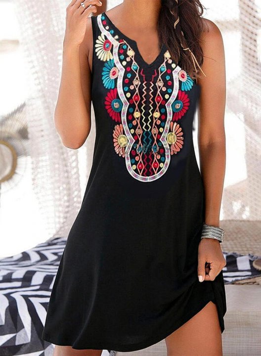 Women's Mini Dress Tribal A-line V Neck Sleeveless Summer Casual Beach Mini Dress