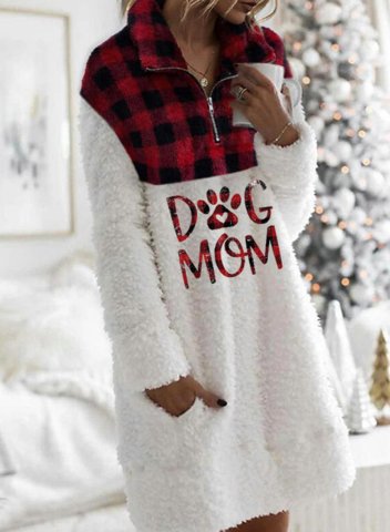 Women's Dog Mom Tunic Tops Plaid Letter Color-block Long Sleeve Stand Neck Casual Pocket Dog Lovers Sweatshirt