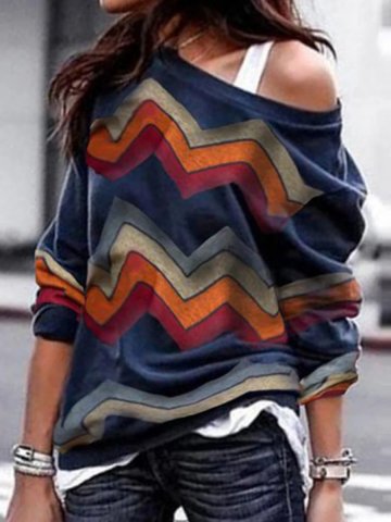 One shoulder Solid Long Sleeve Striped Loose Sweatshirt