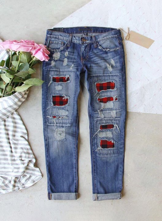 Women's Buffalo Plaid Print Ripped Jeans