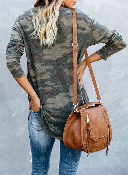 Camouflage Long Sleeve Lip Print Crew Neck Tunic Sweatshirt