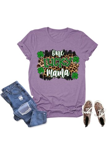 Women's Mom T-shirts One Lucky Mama Leopard Letter St Patrick's Day Mother's Day T-shirt