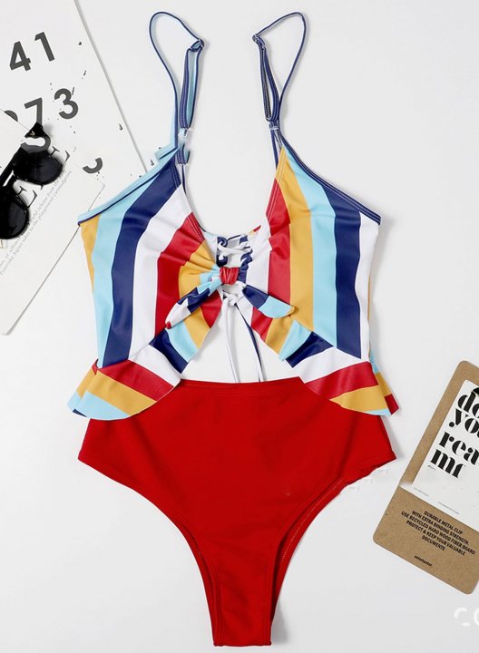 Women's One Piece Swimwear Ruffled Color Block Spaghetti One-Piece Swimsuit