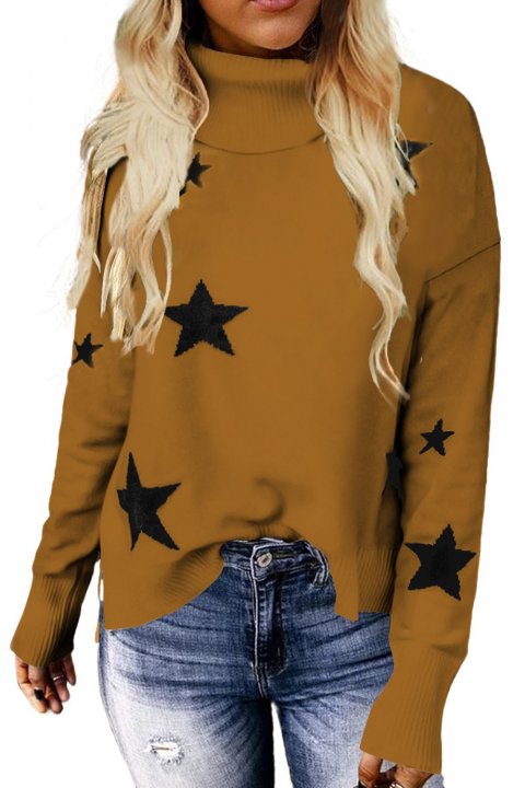 Women's Sweaters Khaki Turtleneck Dropped Sleeve Star Print Sweaters