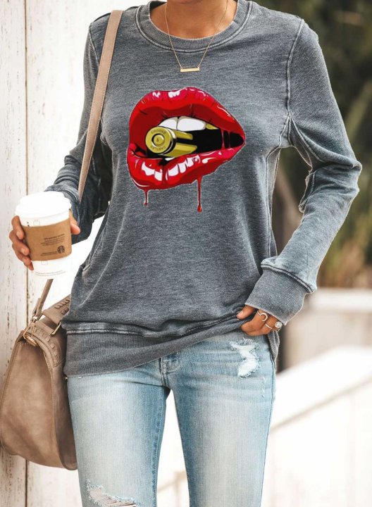 Solid Lips Print Long Sleeve Round Neck Sweatshirt