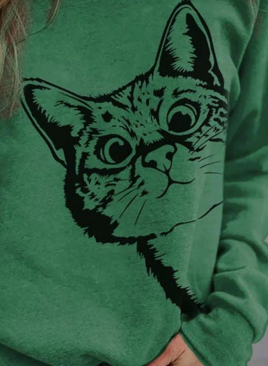 Solid Cat Print Round Neck Long Sleeve Sweatshirt