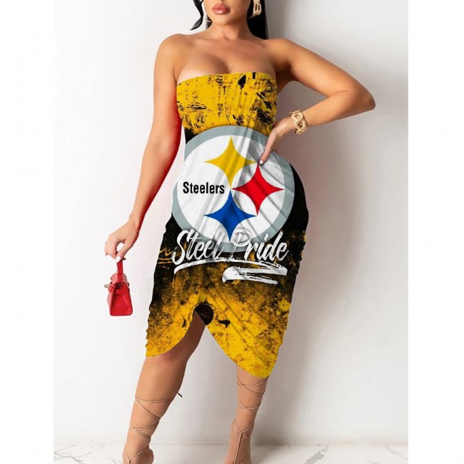 Pittsburgh Steelers Printed Irregular Bandeau Midi Dress