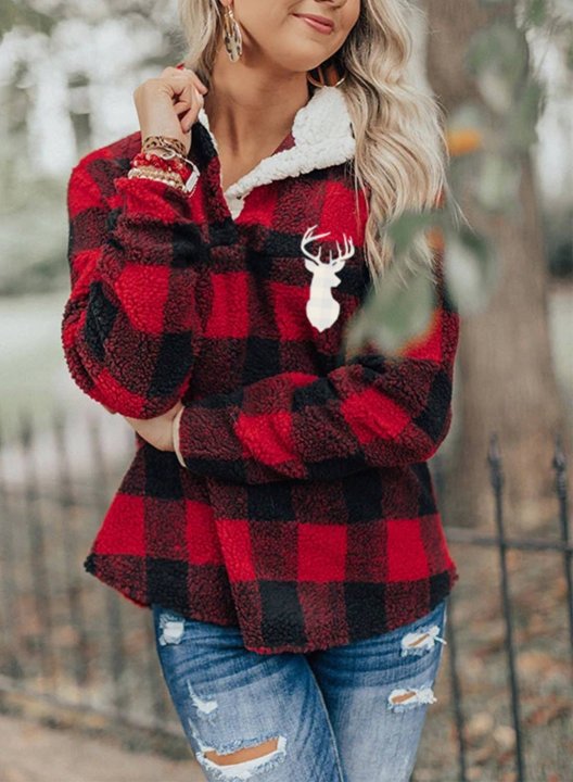 Women's Sweatshirts Plaid Plush Long Sleeve V Neck Christmas Deer Print Sweatshirt