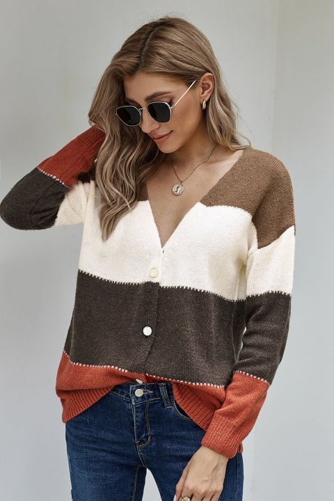 Women's Cardigans V Neck Buttoned Closure Colorblock Cardigans