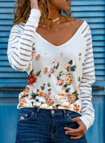 Women's Blouses Floral Striped Long Sleeve V-neck Blouse