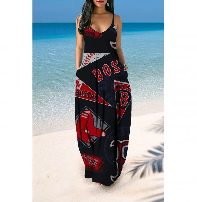 Small V-neck Boston Red Sox Team Print Sleeveless Sling Long Loose Dress