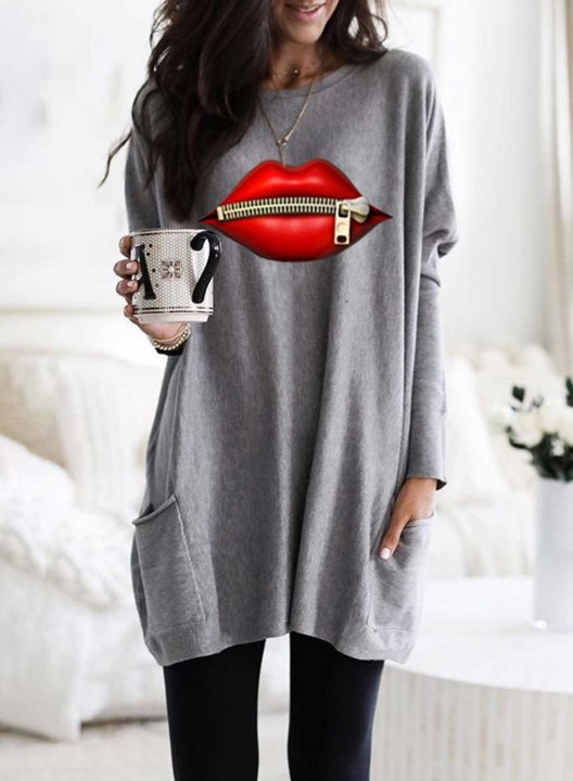 Solid Lips Print Long Sleeve Round Neck Tunic Sweatshirt