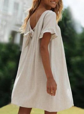 Women's Midi Dresses Ruffle Knot A-line Solid Short Sleeve Round Neck Beach Vintage Midi Dress