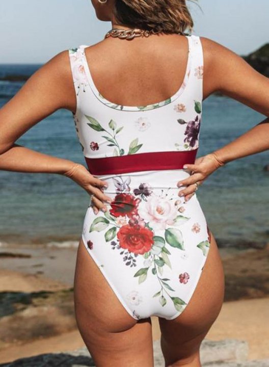 Women's One Piece Swimwear Ruffle Color Block Floral V Neck One-Piece Swimsuit