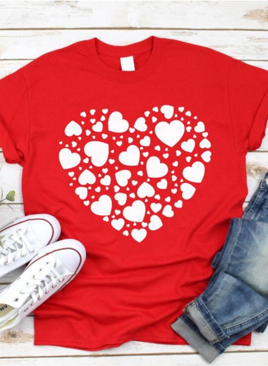 Women's Cute T-shirts Solid Heart Print Short Sleeve Round Neck Casual T-shirt