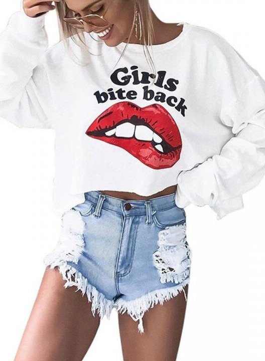 Solid Long Sleeve Crew Neck Letter Lips Print Sweatshirt