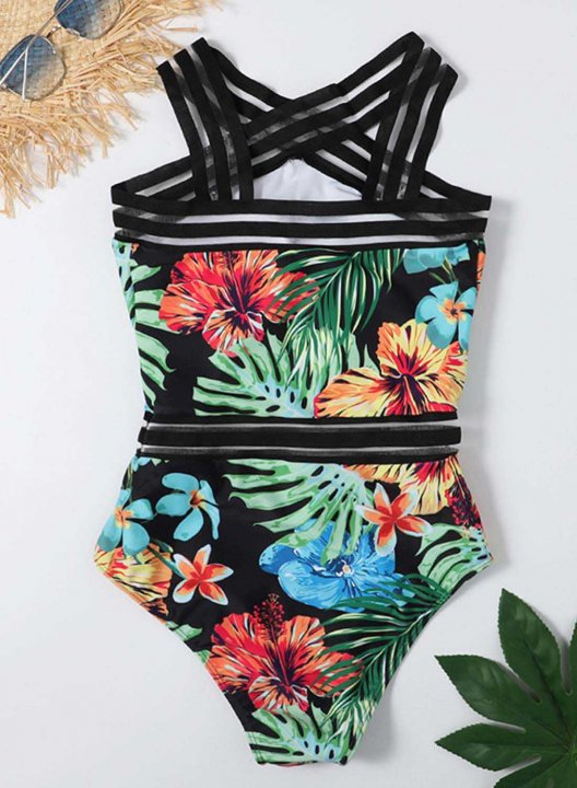 Women's One Piece Swimwear Floral Tropical V Neck One-Piece Swimsuit
