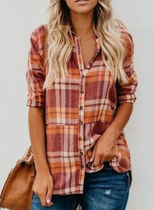 Women's Shirts Plaid Color Block Long Sleeve Turn Down Collar Casual Shirts