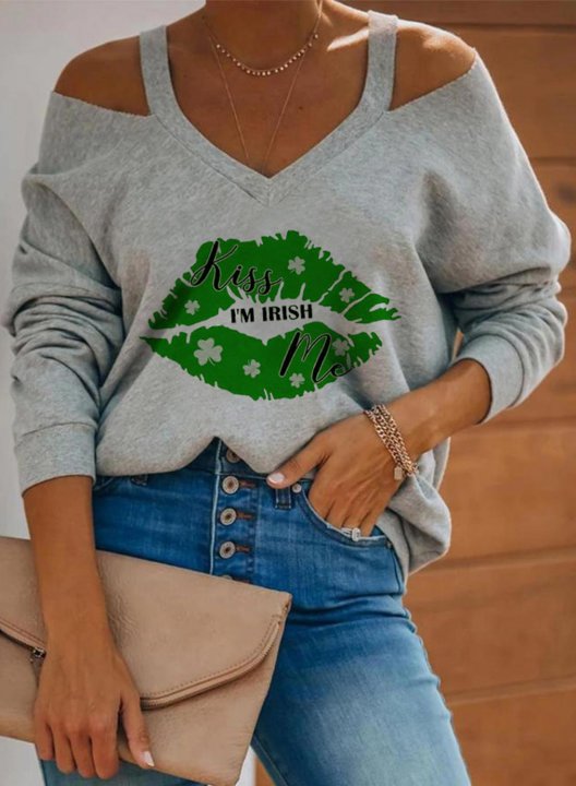 Women's St Patricks Sweatshirt Kiss Me I'M Irish Print Cold Shoulder Lip Solid V Neck Long Sleeve Casual Daily Pullovers