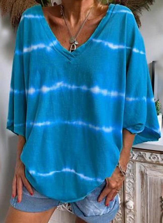 Women's T-shirts Multicolor Striped Print 3/4 Sleeve V Neck Daily T-shirt