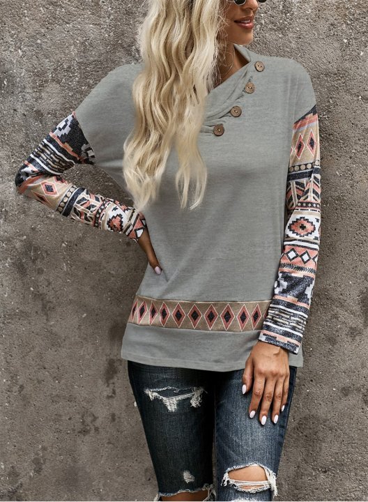 Color Block Long Sleeve Tribal Button Sweatshirt