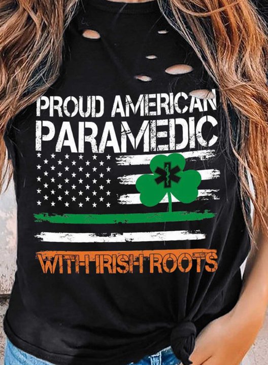 Women's St Patrick's Day T-shirts Flag Letter Clover Print Short Sleeve Round Neck Daily Cut-out T-shirt