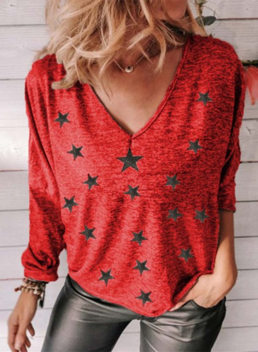 Women's T-shirts Star Solid V Neck Long Sleeve Daily Casual T-shirts