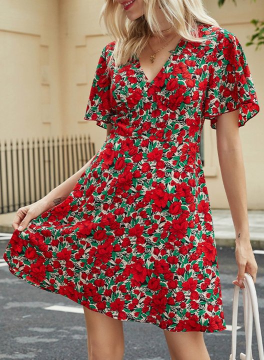 Women's Mini Dresses Floral Short Sleeve V Neck Daily Casual Mini Dress