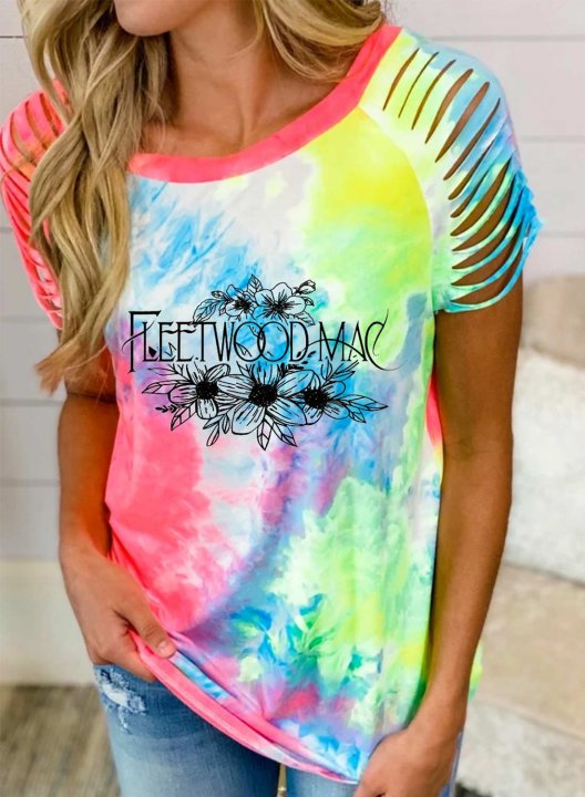 Women's Graphic T-shirts Letter Print Multicolor Tie dye Short Sleeve Round Neck T-shirt