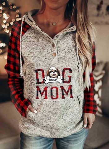 Women's Dog Mom Hoodies Drawstring Long Sleeve Plaid Button Animal Print Letter Casual Daily Hoodies With Pockets