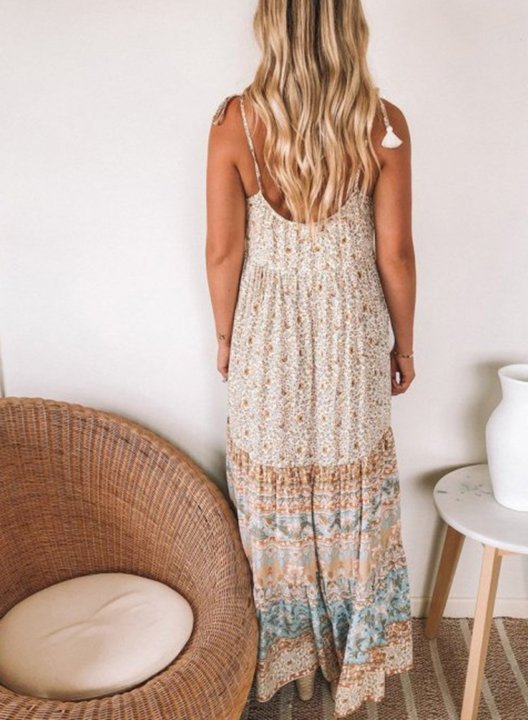 Women's Maxi Dresses Tassels Fit & Flare Floral Sleeveless Spaghetti Daily Boho Maxi Dress