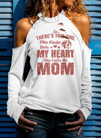 Women's T-shirts Funny Letter Print Long Sleeve Crew Neck Cold Shoulder Sequin Daily Mother's Day Shirt