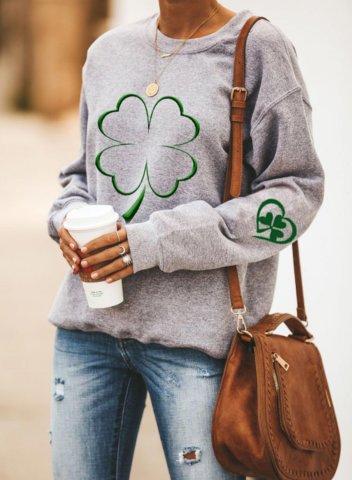 Women's St.Patrick's Day Sweatshirt Clover Print Heart-shaped Long Sleeve Round Neck Casual Sweatshirt