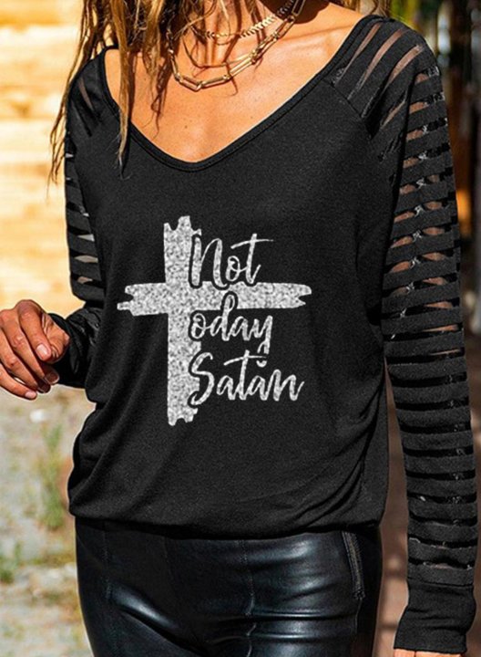 Women's T-shirts Not Today Satan Print Sequin Long Sleeve V Neck Cut-out Daily T-shirt