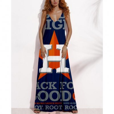 Women's Summer HOUSTON ASTROS Fan Print V-neck Sleeveless Loose Long A-line Dress