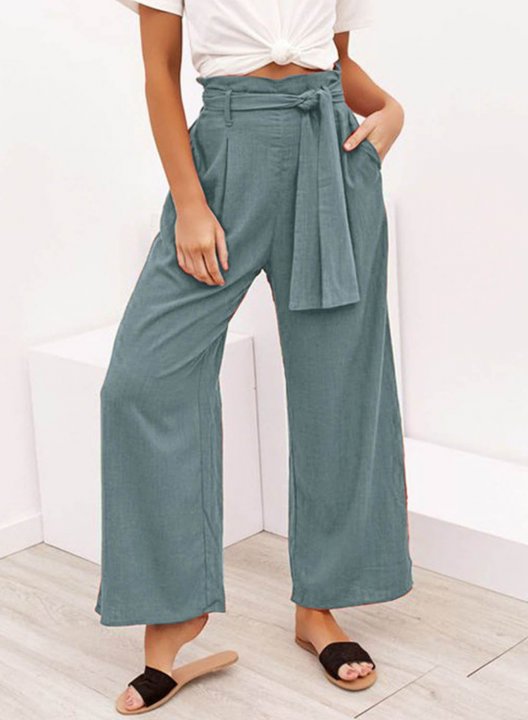 Women's Palazzo Pants Straight Solid High Waist Daily Ankle-length Vintage Pocket Waist Tie Pants