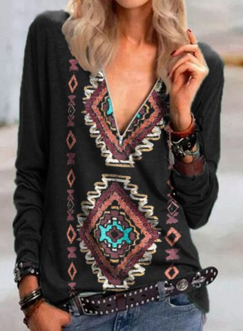 Women's Pullovers Color Block Tribal Long Sleeve V Neck Zip Pullover