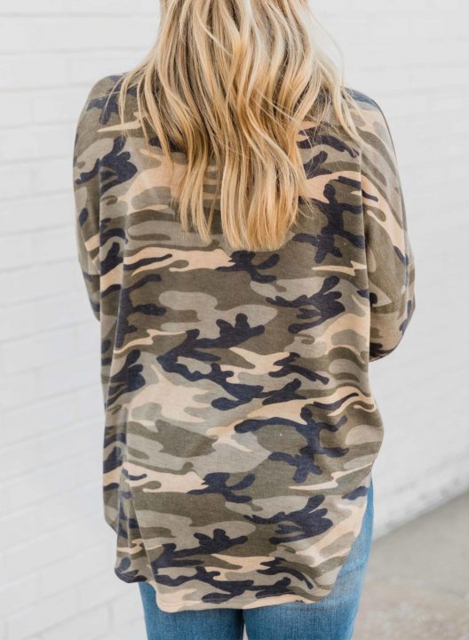 Camo Long Sleeve V Neck Button Sweatshirt